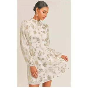 Sage the Label Mini Dress Floral Metallic Long Sleeve‎ Party Dress M